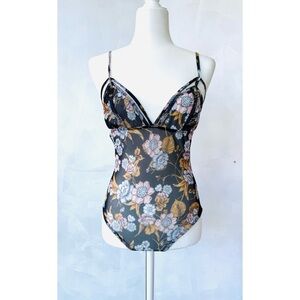 Black and Multi-Coloured Floral Print Mesh Bodysuit.